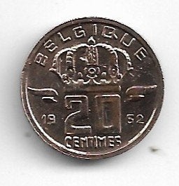 Belgique : 20 cents 1962 FR (le plus rare) = morin 732, Envoi, Monnaie en vrac
