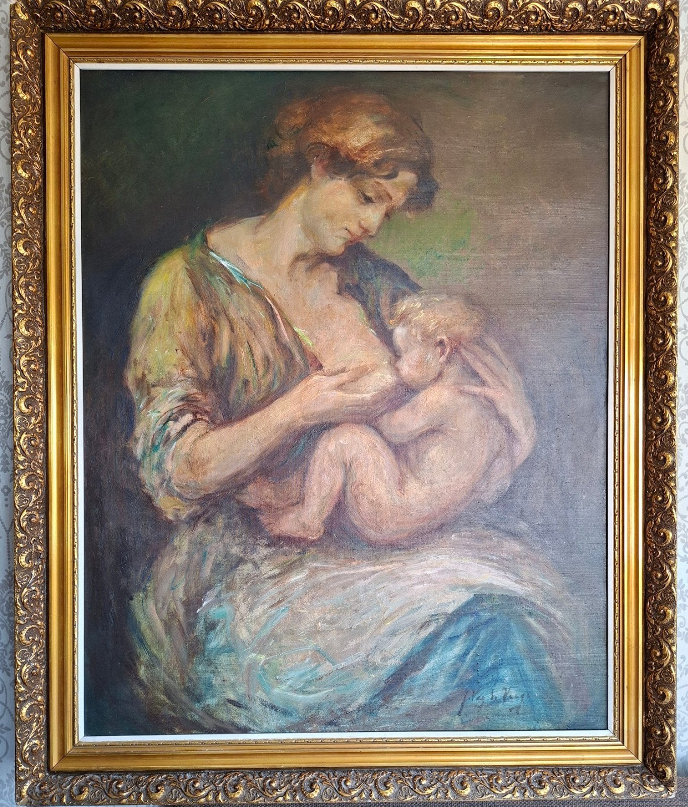 VAN DE VEEGAETE Julien "Borstvoeding" olie op doek - 80x100, Enlèvement, Toile