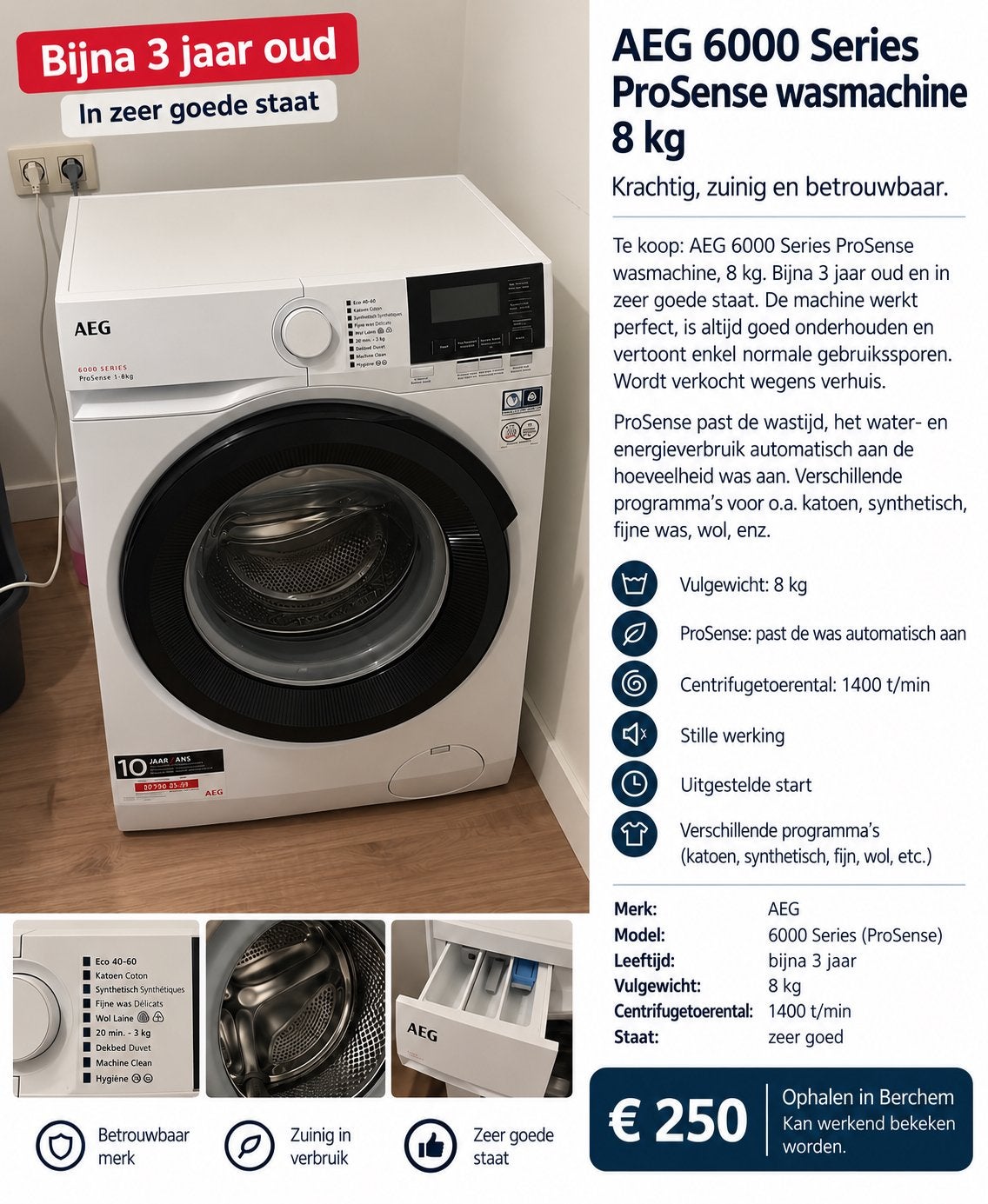 AEG 6000 ProSense wasmachine 8 kg – slechts 3 jaar oud, Enlèvement, Comme neuf