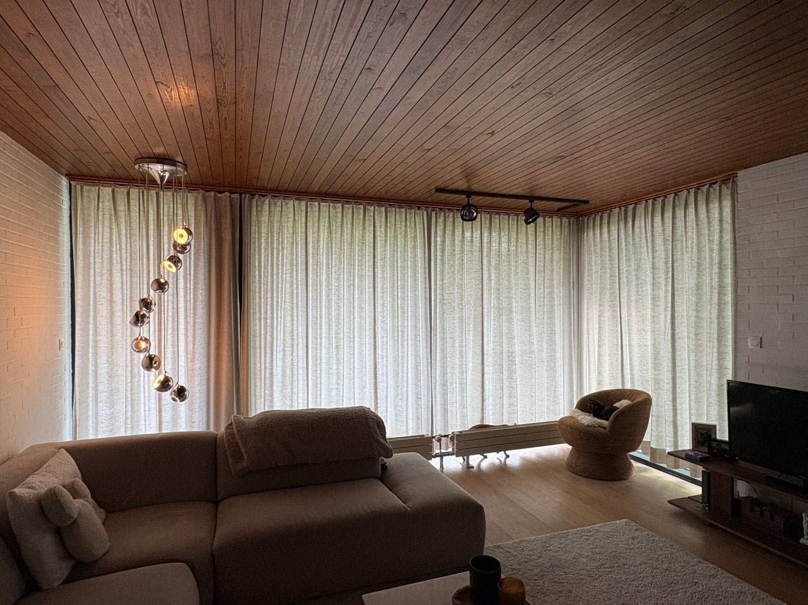 Zware kwalitatieve beige gordijnen: 7 panelen (zie tekst), Huis en Inrichting, Stoffering | Gordijnen en Lamellen, Ophalen, Zo goed als nieuw