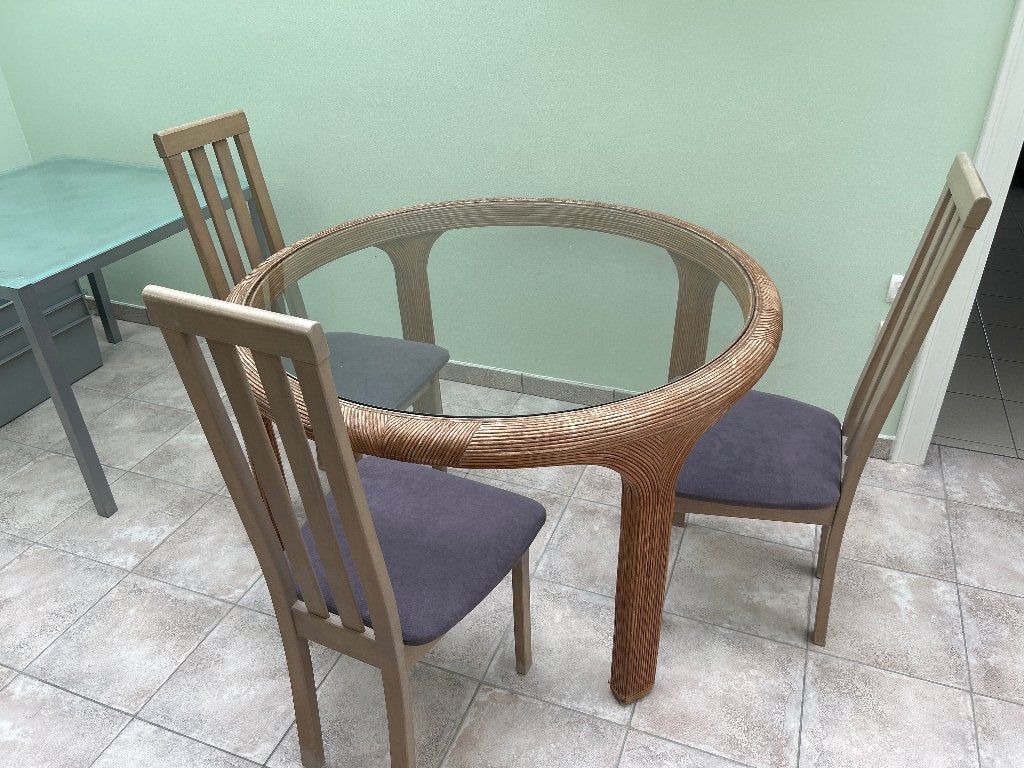 Glazen ronde tafel, Huis en Inrichting, Tafels | Eettafels, Ophalen, Gebruikt, Rond, Vier personen