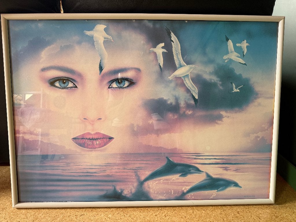 vintage jaren 80/90 poster in lijst - surrealistisch gezicht, Collections, Avec cadre, Rectangulaire horizontal, Enlèvement, Affiche ou Poster pour porte ou plus grand