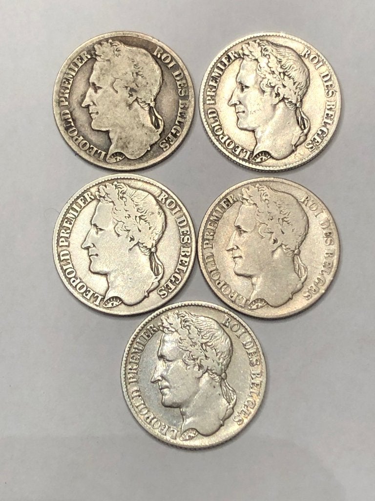 Munten zilver België lotje 1 franken Leopold I gelauwerd 5 X, Ophalen of Verzenden, Zilver, Setje, Zilver