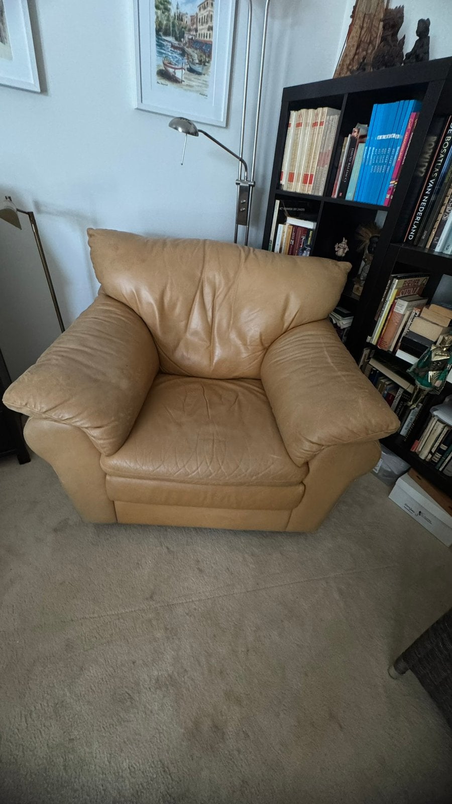 Leren beige draai stoel, Ophalen, Gebruikt, Leer, 75 tot 100 cm