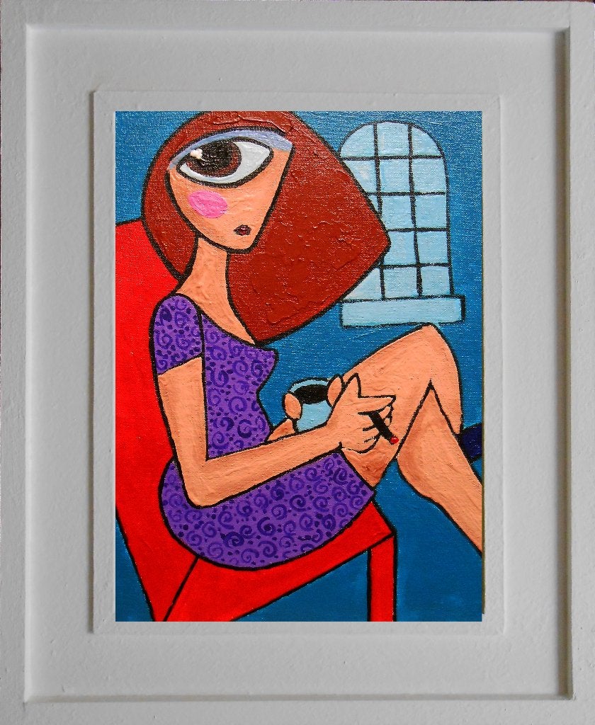 "Ochtendkoffie en sigaret" Schilderij, Antiek en Kunst, Verzenden, Olieverf, Passe-partout, Portret