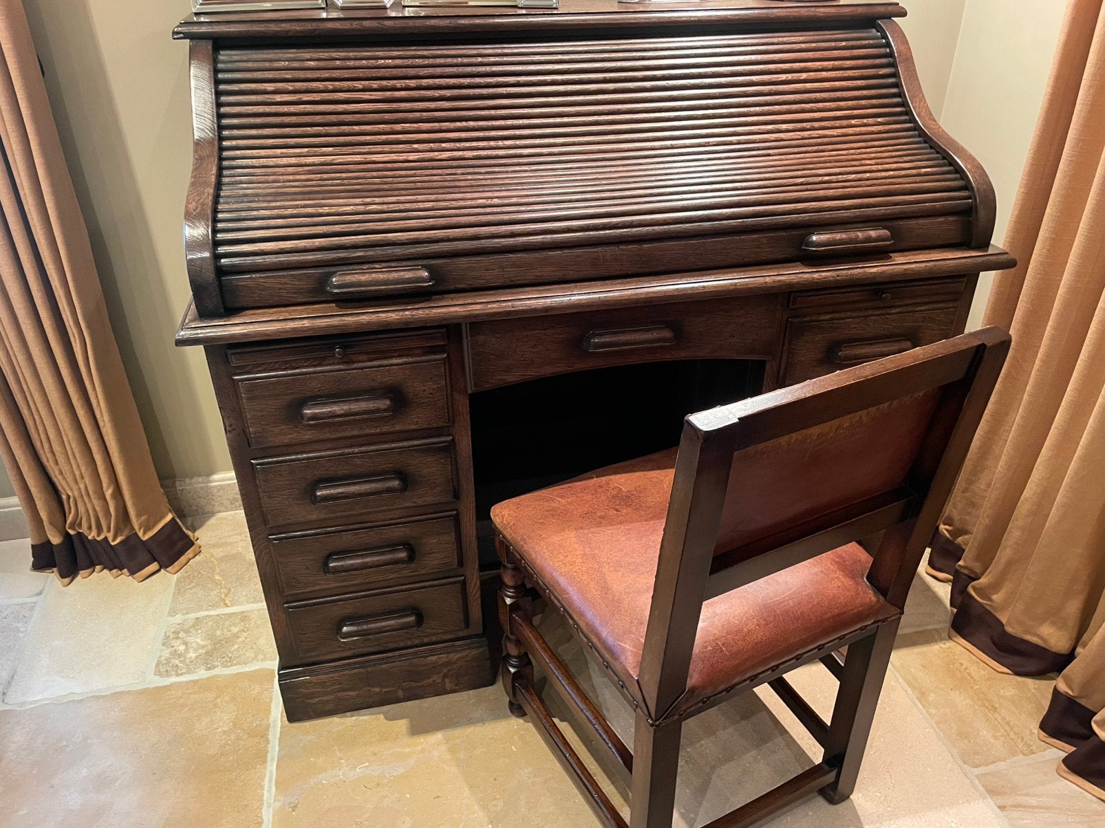 Bureau met rolluik eik met leder stoel, Huis en Inrichting, Ophalen, Opzetstuk, Hout, Zo goed als nieuw