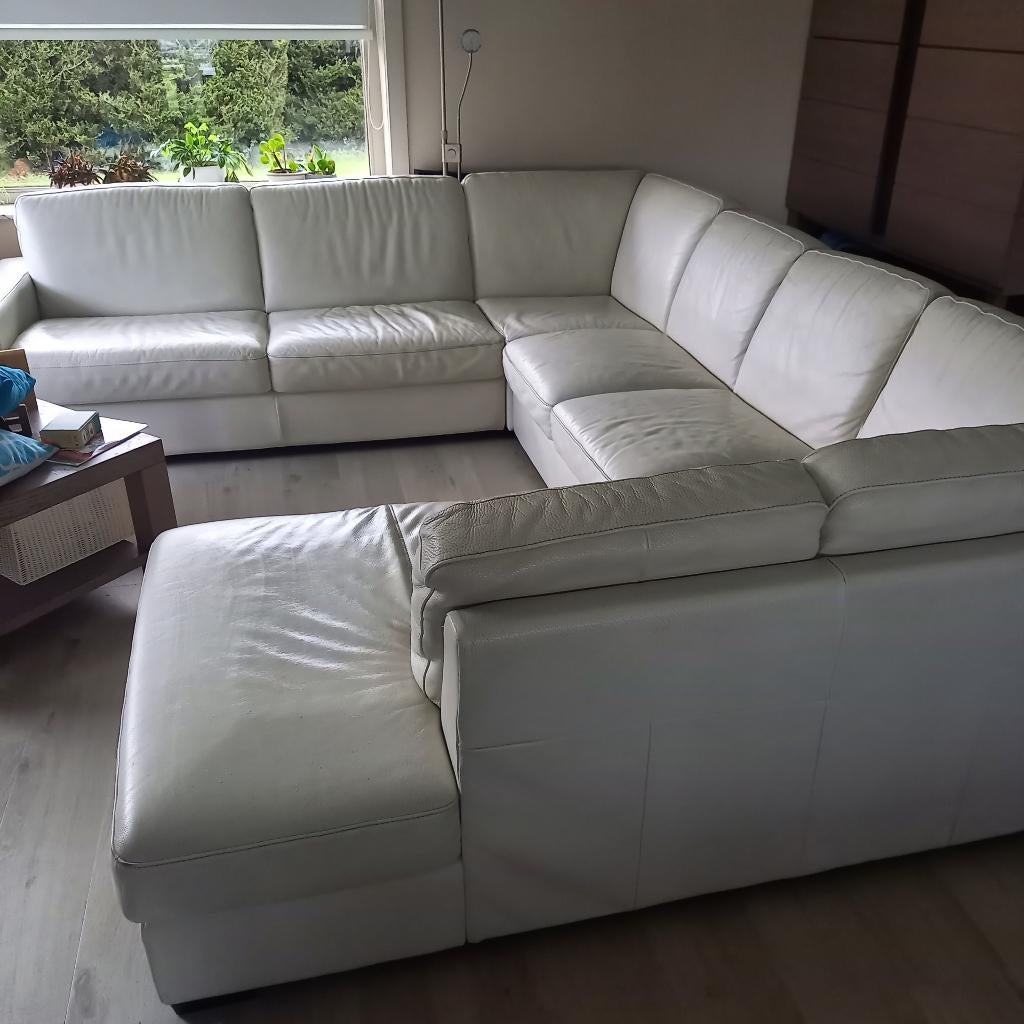 Lederen hoeksalon ecru, Huis en Inrichting, Ophalen, Gebruikt, Leer