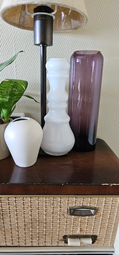 setje van 3 vaasjes, glas en aardewerk, wit en paars, Ophalen, Wit, Minder dan 50 cm, Glas