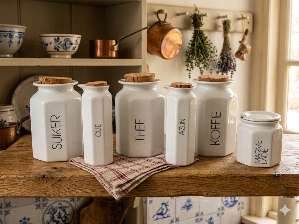 Vintage 6-delig keramisch hexagon keukenset, Huis en Inrichting, Keramiek, Overige typen, Ophalen of Verzenden, Zo goed als nieuw