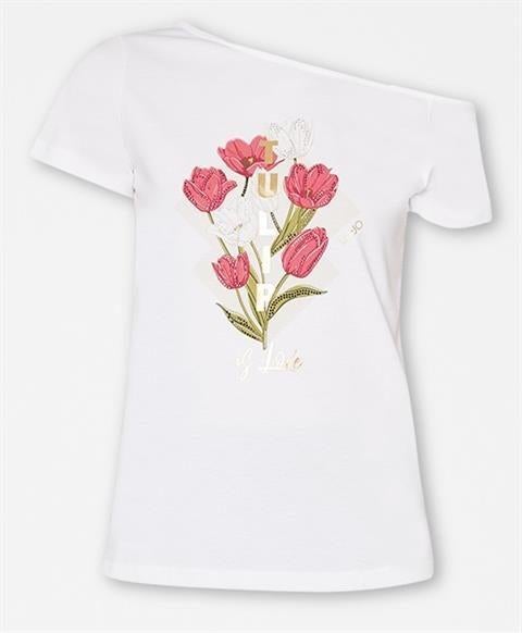 Liu-Jo witte t-shirt met km en tulpen 1 x gedragen xl, Manches courtes, Taille 46/48 (XL) ou plus grande, Comme neuf, Blanc