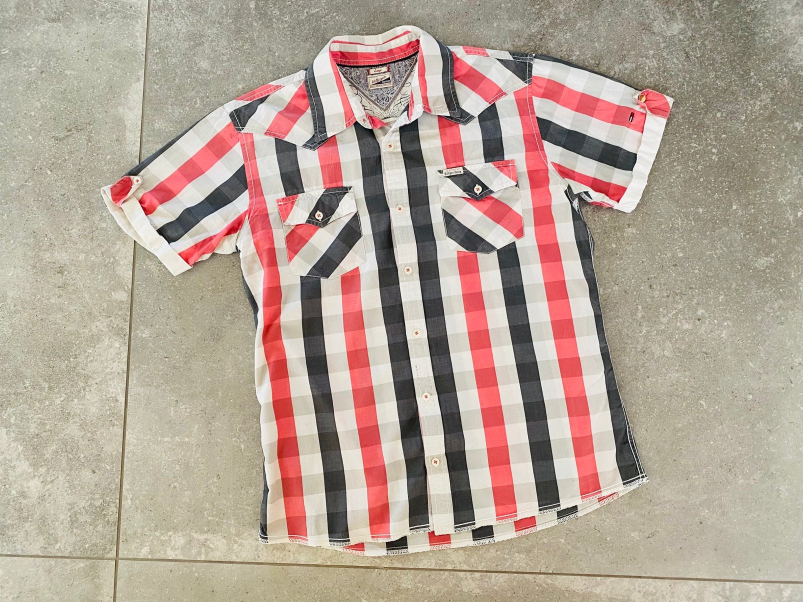 Tommy Hilfiger zwart wit rood geruit hemd korte mouw maat L, Ophalen of Verzenden, Gedragen, Grijs, Halswijdte 41/42 (L)