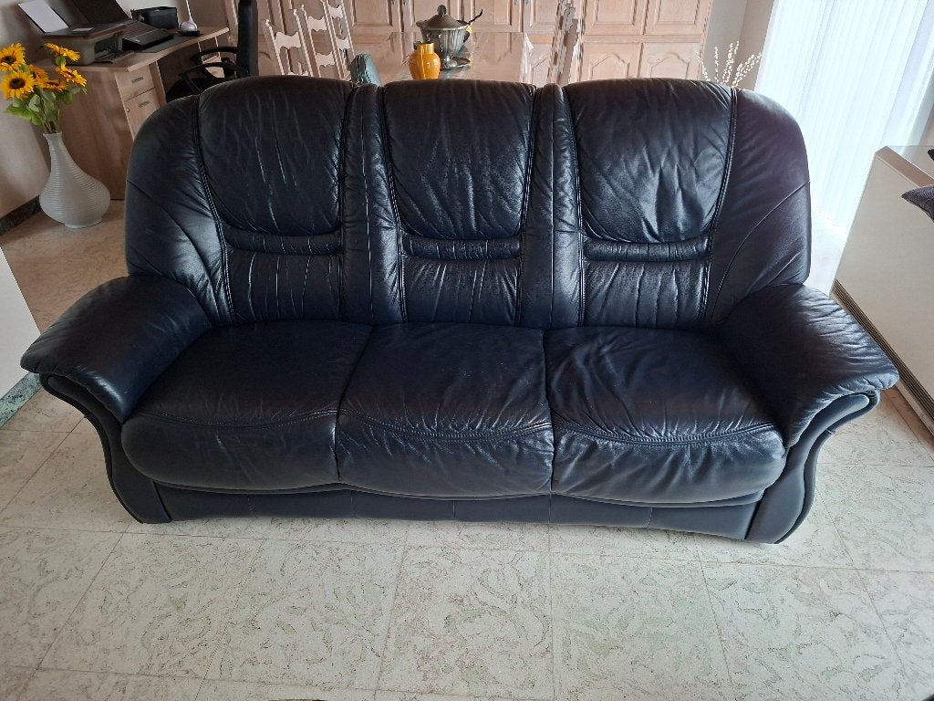 Salon leder donker blauw, Huis en Inrichting, Ophalen, Gebruikt, Leer