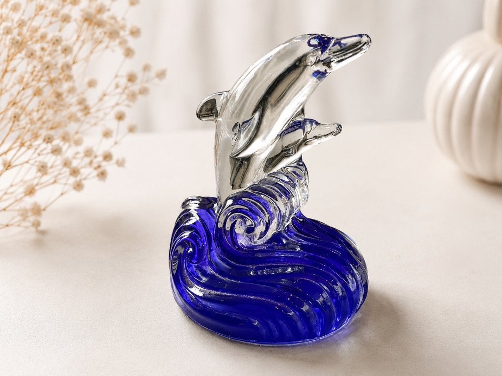 Glazen dolfijnbeeld op blauwe golf – Vintage decoratie, Huis en Inrichting, Vintage, Blauw, Ophalen of Verzenden, Zo goed als nieuw