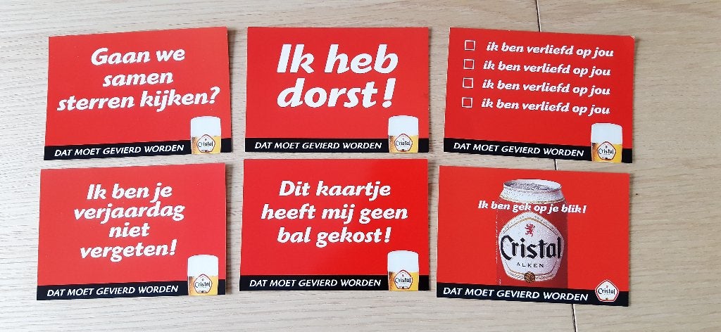 ongelopen kaart 6x Cristal Alken - Dat moet gevierd worden, Ophalen of Verzenden, Nieuw, Reclamebord, Plaat of Schild, Overige merken
