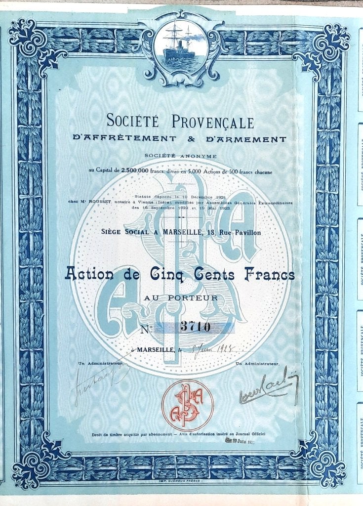 Société Provençale d'affrètement et d'armement  - Marseille, Timbres & Monnaies, Enlèvement ou Envoi, Avant 1920, Action