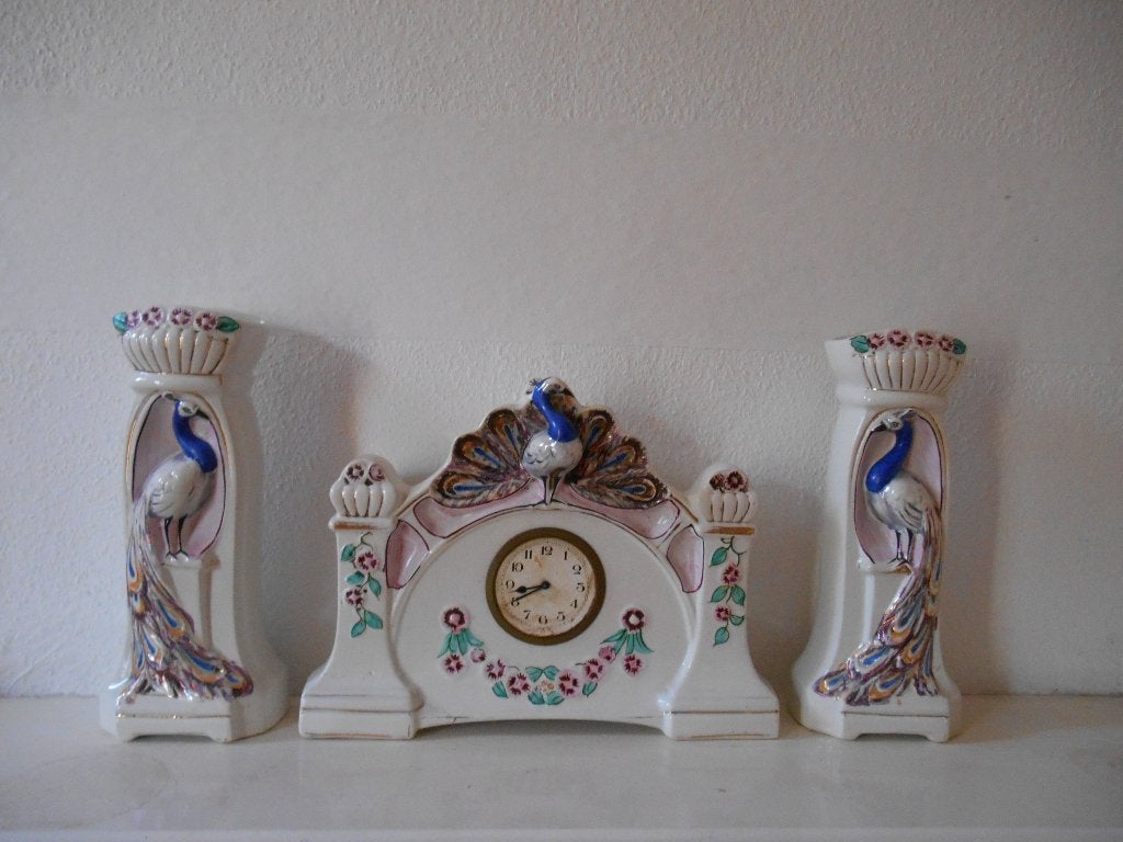 Art Deco schouwgarnituur klok en 2 vazen AMC Belgium, Ophalen, Gebruikt