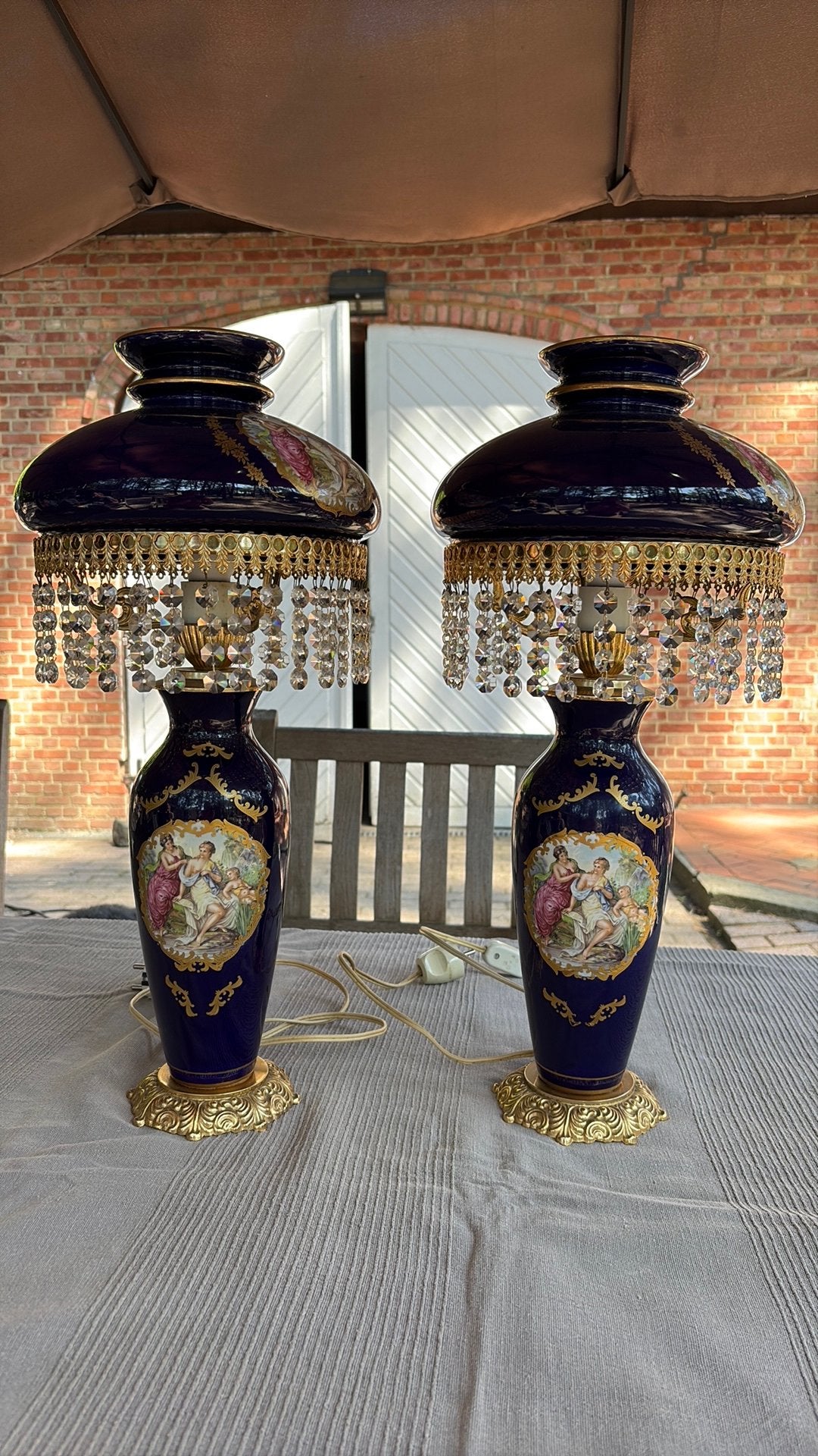 Set van 2 klassieke kobaltblauwe tafellampen met kristallen, Ophalen, Zo goed als nieuw, Glas