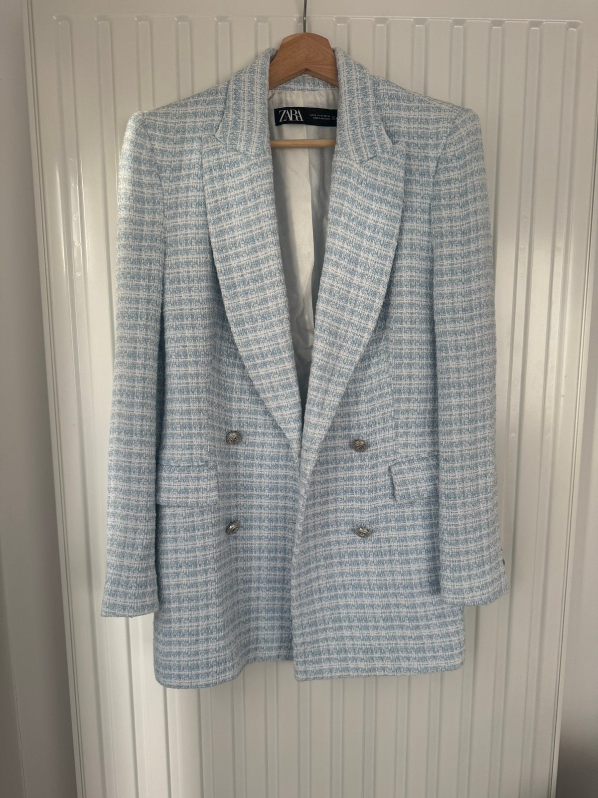 Blazer élégant en tweed bleu, Kleding | Dames, Jasjes, Kostuums en Pakken, Ophalen, Zo goed als nieuw, Blauw