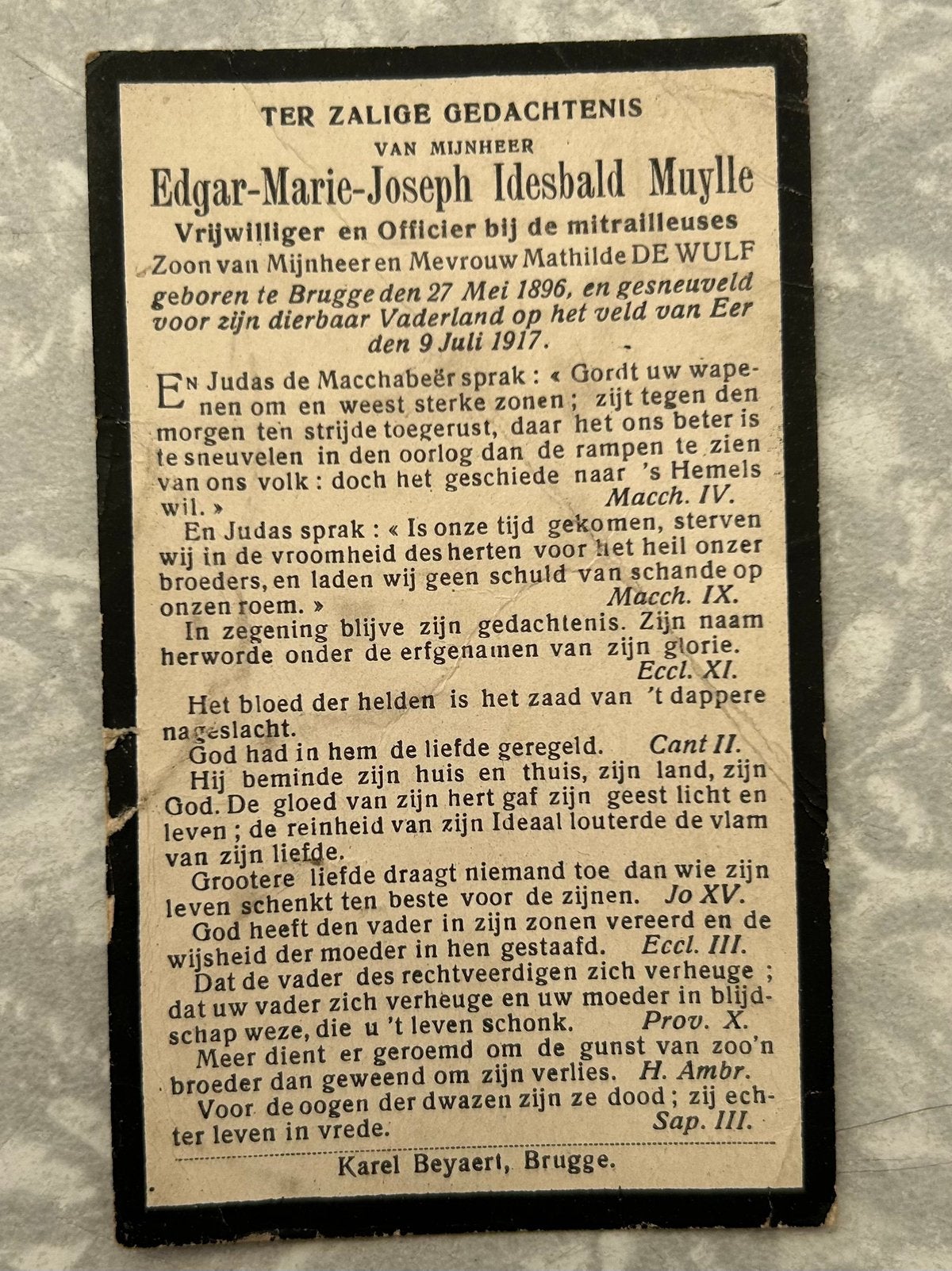 1917 : SOLDAAT Edgar Muylle , geboren te Brugge, Ophalen of Verzenden