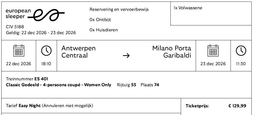 Ticket nachttrein Antwerpen–Milaan 22/12/2026, Eén persoon, Trein, Met bestemming of datum