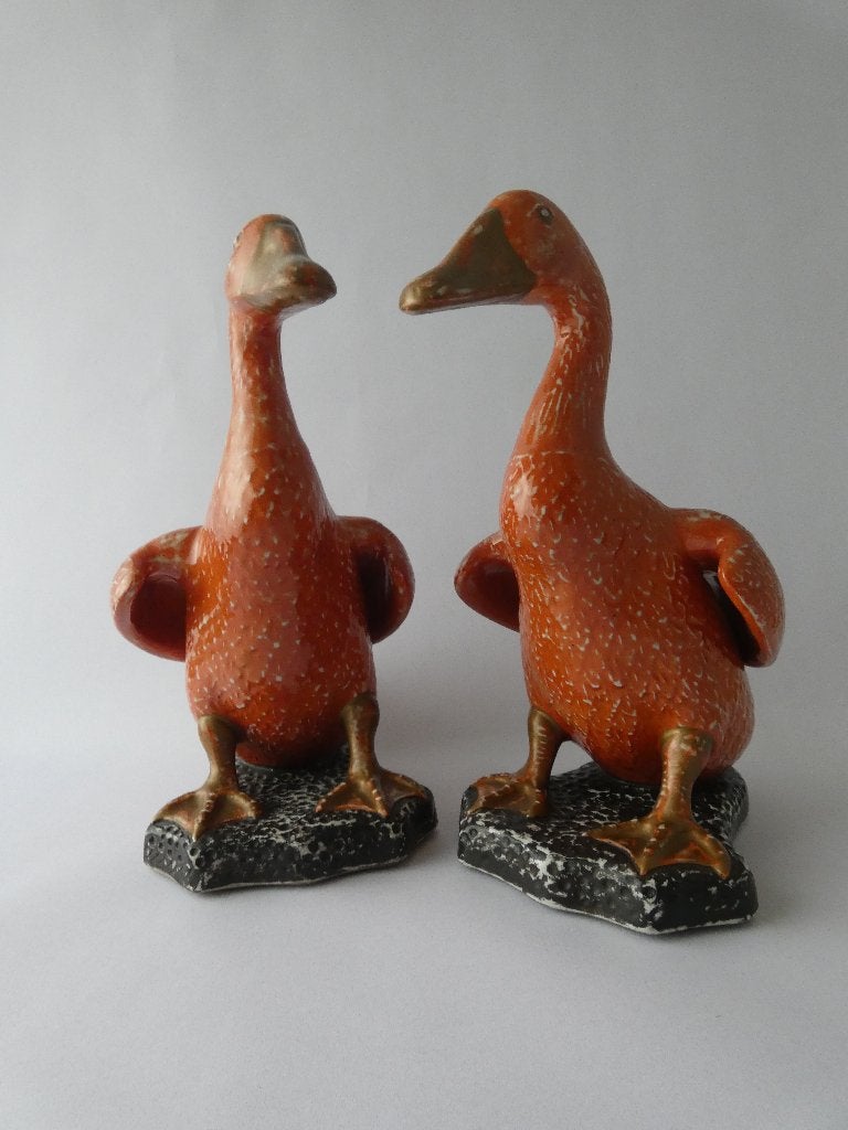 Canards vintage en céramique rouge corail 2 pièces, Antiquités & Art, Enlèvement