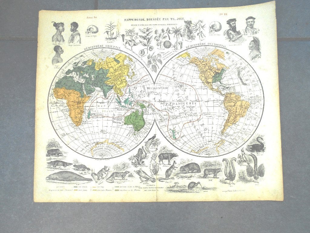 ancienne gravure mappemonde 1870 Th Joly, Ophalen of Verzenden, Cartografie, Gravure, 1800 - 1899