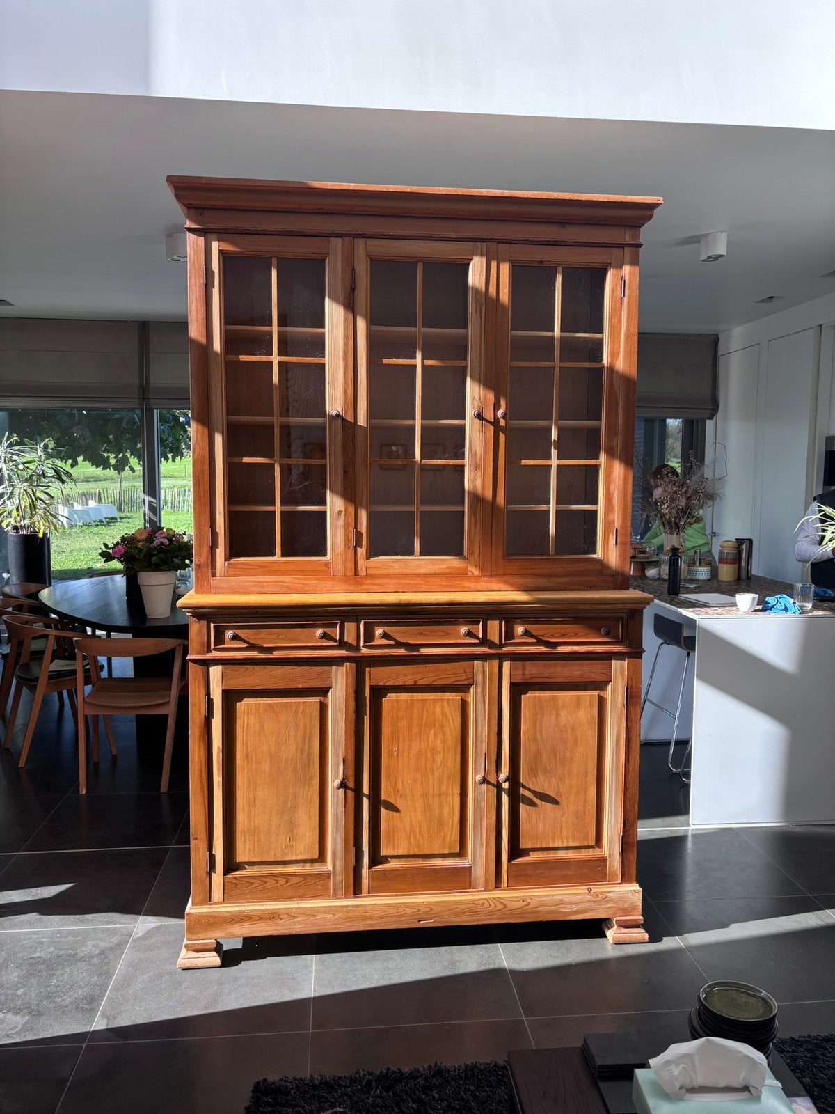 Grote houten vitrine kast in 2 delen - landelijke stijl, Ophalen, Gebruikt, 200 cm of meer, Landelijk, vintage