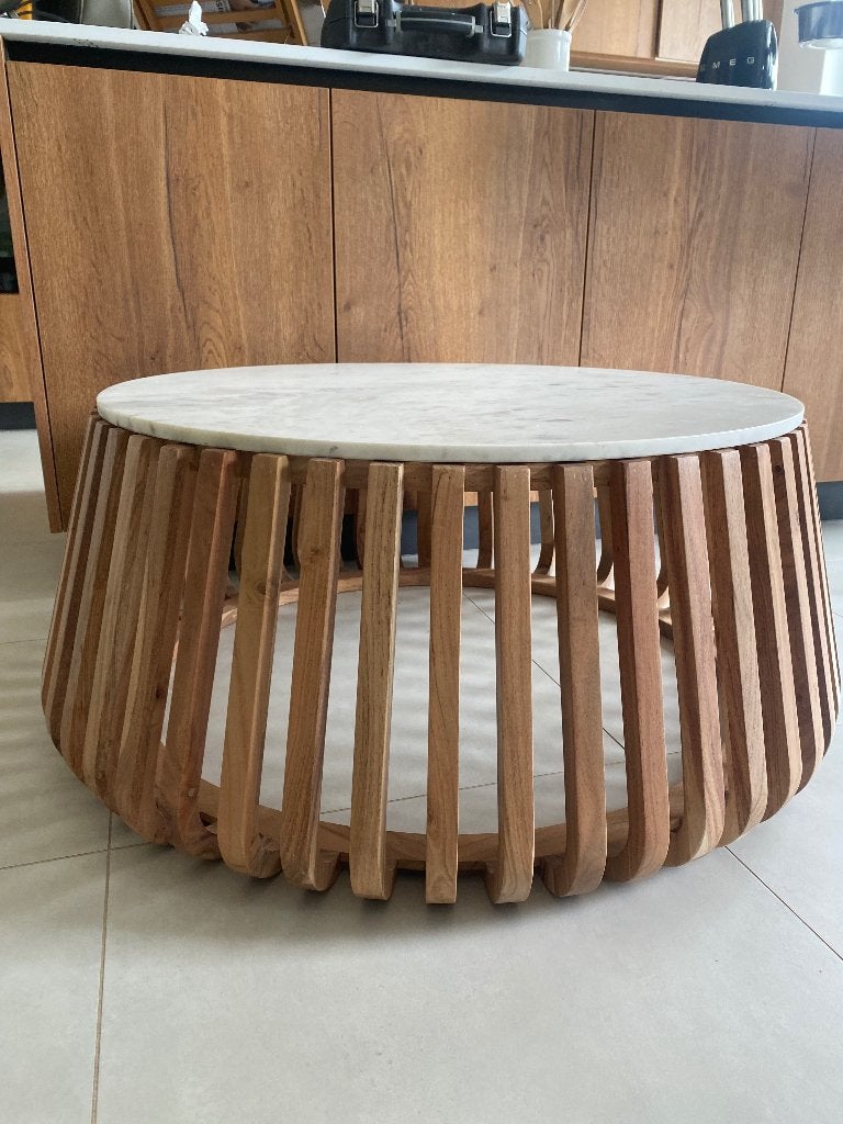 Table basse ronde design en marbre blanc & acacia, 100 à 150 cm, Moins de 50 cm, Rond, Comme neuf
