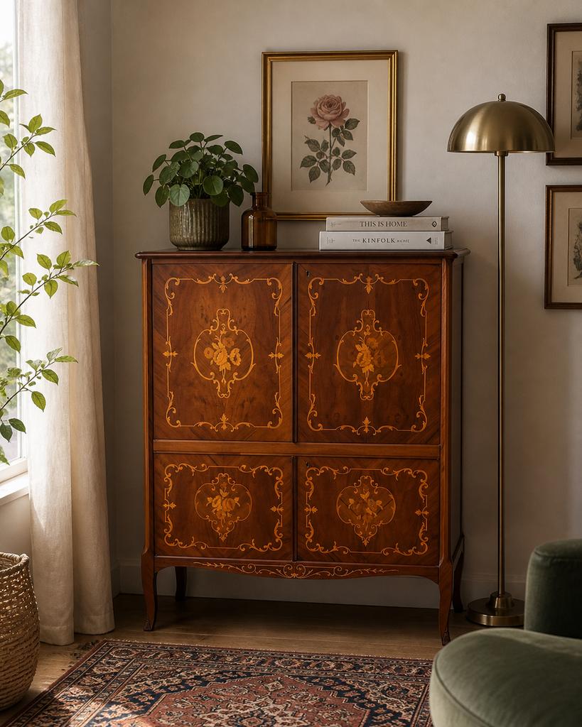 Antiek stijl houten kastje met inlegwerk, Ophalen