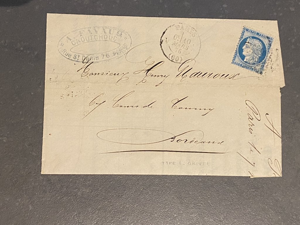 Lettre Paris - Bordeaux 1876 Fayaud avec contenu, Enlèvement ou Envoi, Affranchi