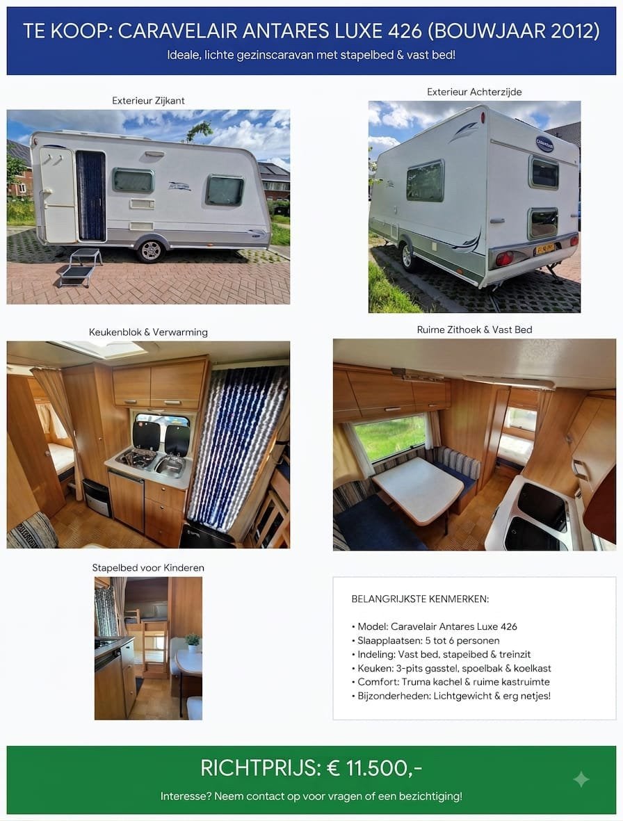 Caravelair Antares de luxe 426, Caravans en Kamperen, Caravans, Treinzit, 750 - 1000 kg, Particulier, Tot en met 6