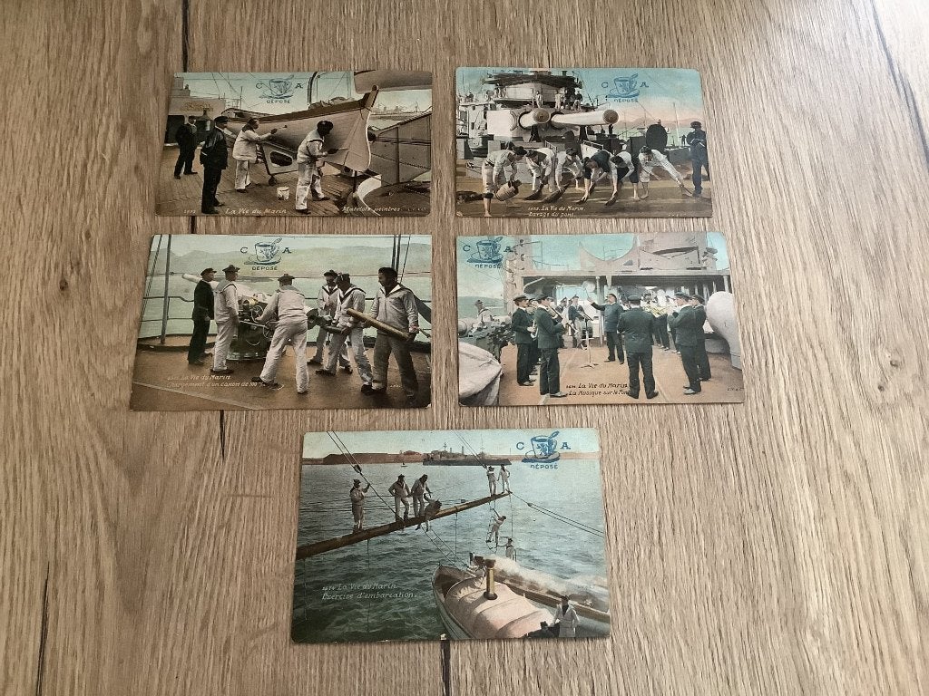 5 oude postkaarten „het leven van de zeeman” 1909, Verzamelen, Ophalen of Verzenden, Voor 1920, Gelopen, Ambachten of Beroep