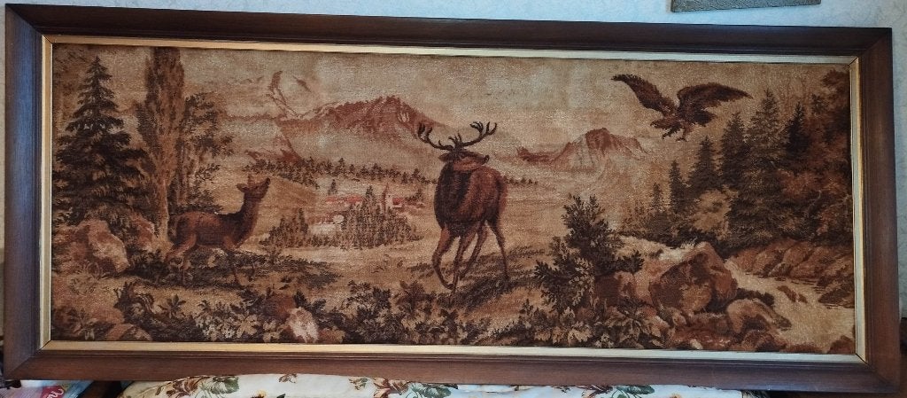 Grand tableau tapisserie vintage encadré – forêt & Cerfs, Enlèvement