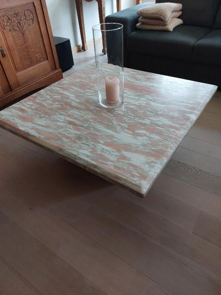 Artisanaal vierkantige ‘Roze Marmeren Salontafel’, Ophalen, Overige materialen, 50 tot 100 cm, Vierkant