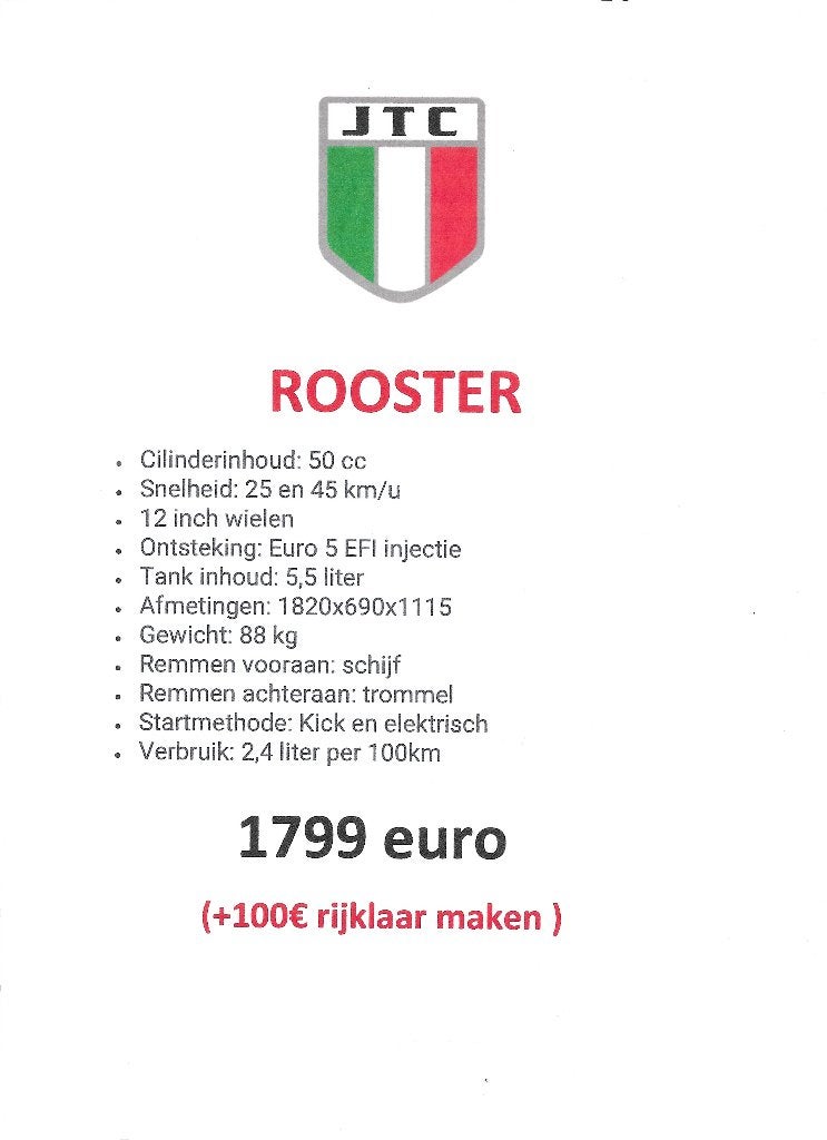 jtc rooster nieuwe scooter 50cc in A of B 1799€, Neuf, JTC, Enlèvement, Essence