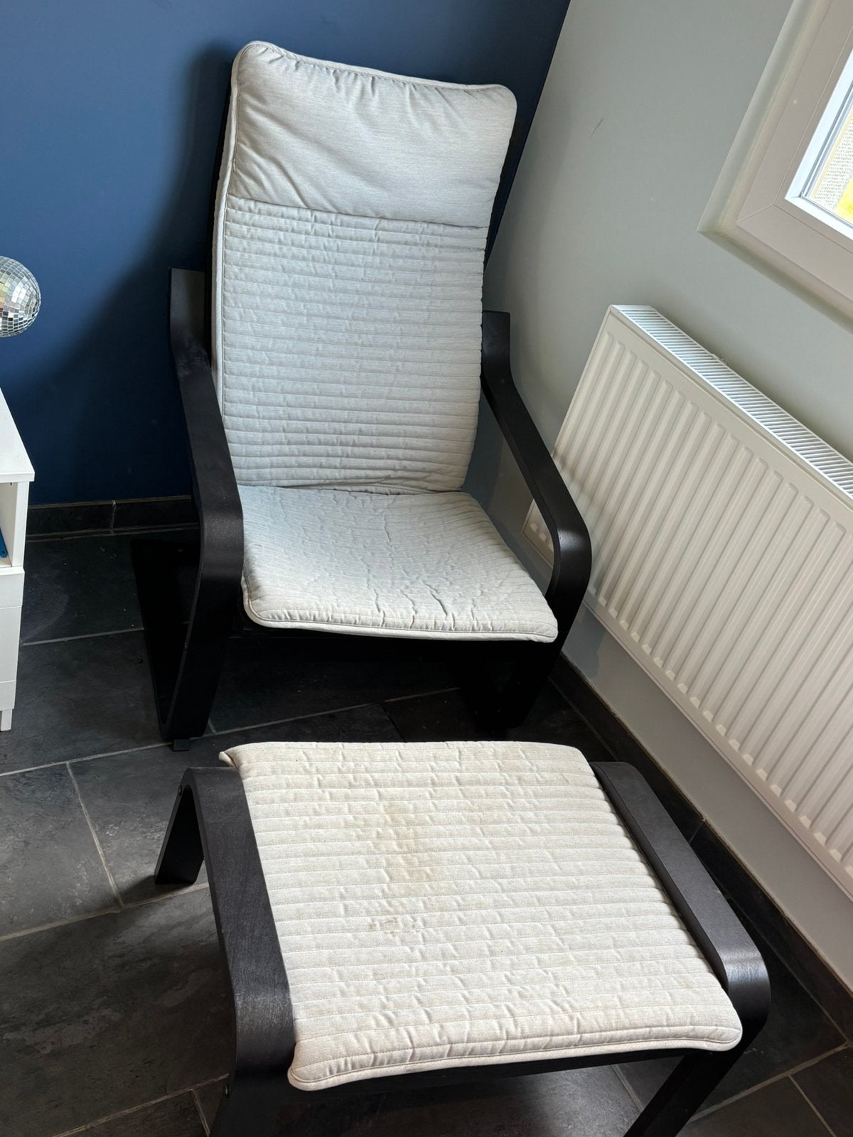 Ikea poäng fauteuil met voetbank, Gris, Comme neuf, Enlèvement, Bois