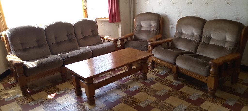 Eiken salon met bruine stoffen kussens, Ophalen, Gebruikt, Bruin