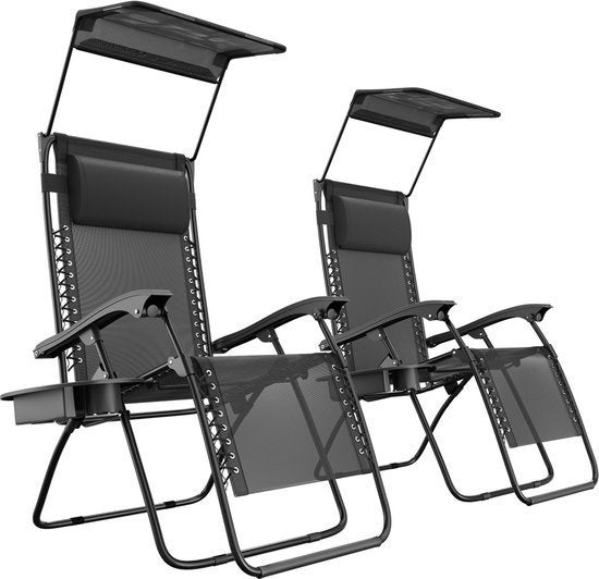 2 zwarte ligstoelen met zonneluifel, Jardin & Terrasse, Chaises longues, Enlèvement, Comme neuf, Autres matériaux, Pliant