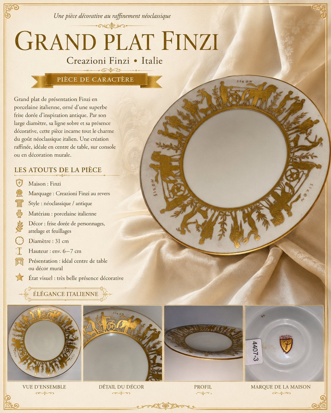 Grand plat Finzi “Creazioni Finzi” – Porcelaine IT dorée, Antiquités & Art, Enlèvement ou Envoi