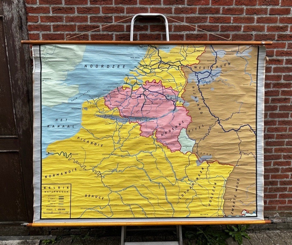 Oude schoolkaart, waterwegen België, Antiek en Kunst, Ophalen, Aardrijkskunde