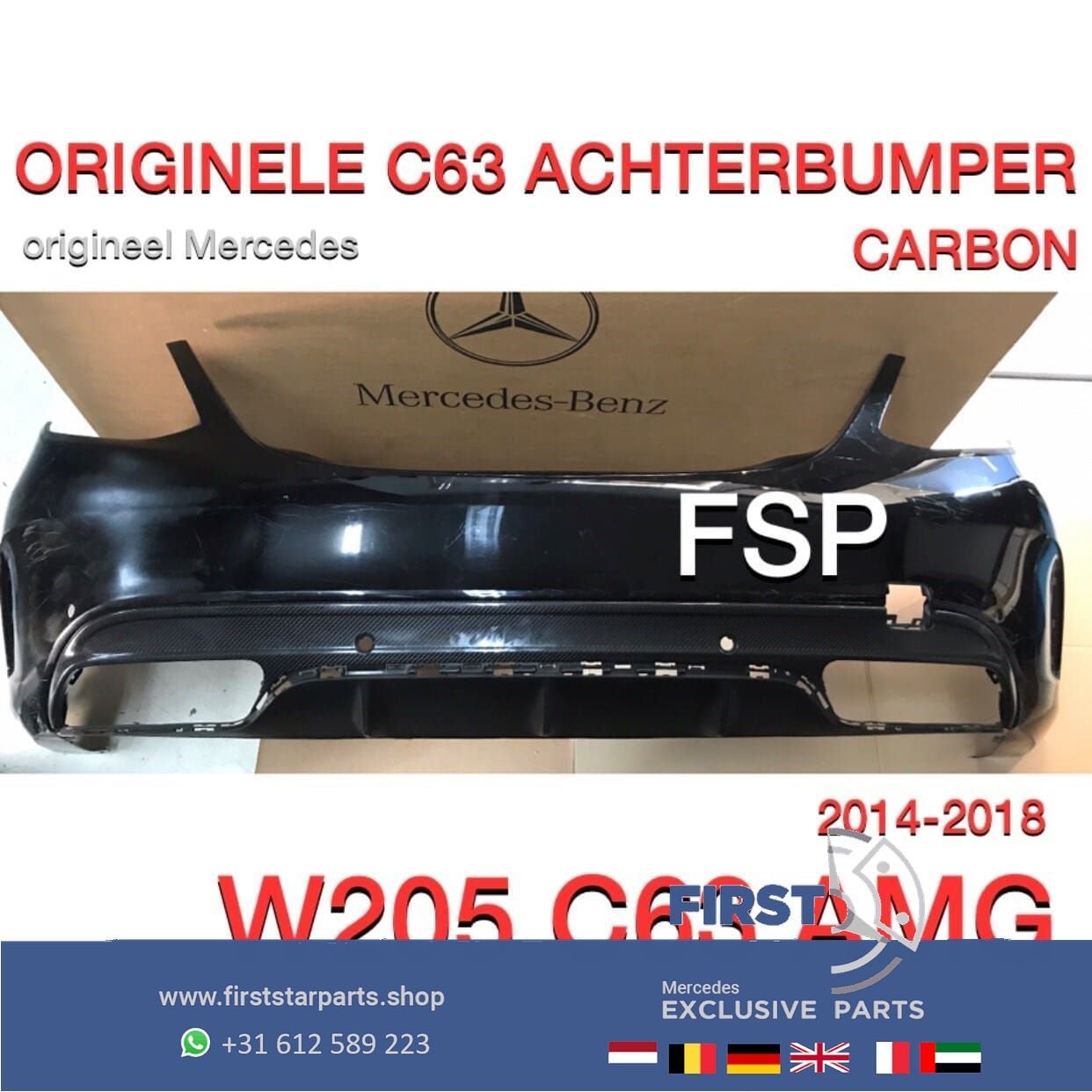 W205 C63 AMG ACHTERBUMPER + CARBON DIFFUSER ZWART ORIGINEEL, Gebruikt, -, Ophalen of Verzenden, Achter