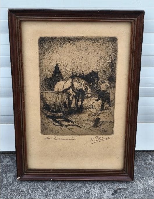 gravure sur le chantier signe kurt peiser, Antiquités & Art, Enlèvement ou Envoi, Gravure