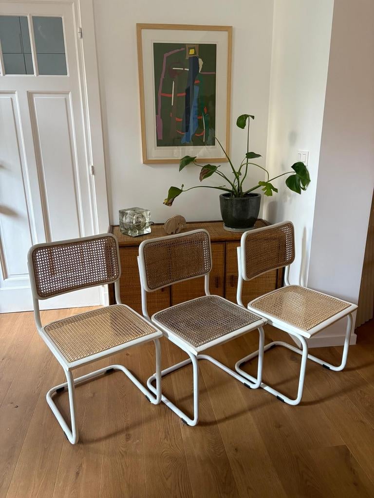 3 stoelen van metaal en rotan, gemaakt in Italië, jaren 70, Huis en Inrichting, Ophalen, Metaal