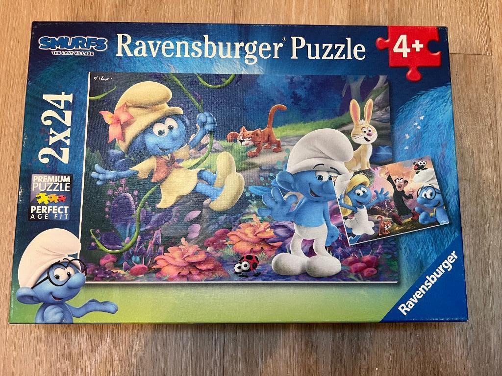 Ravensburger puzzel, 2 puzzels van 24 stukken - de smurfen, Ophalen, 10 tot 50 stukjes, Zo goed als nieuw, 4 tot 6 jaar