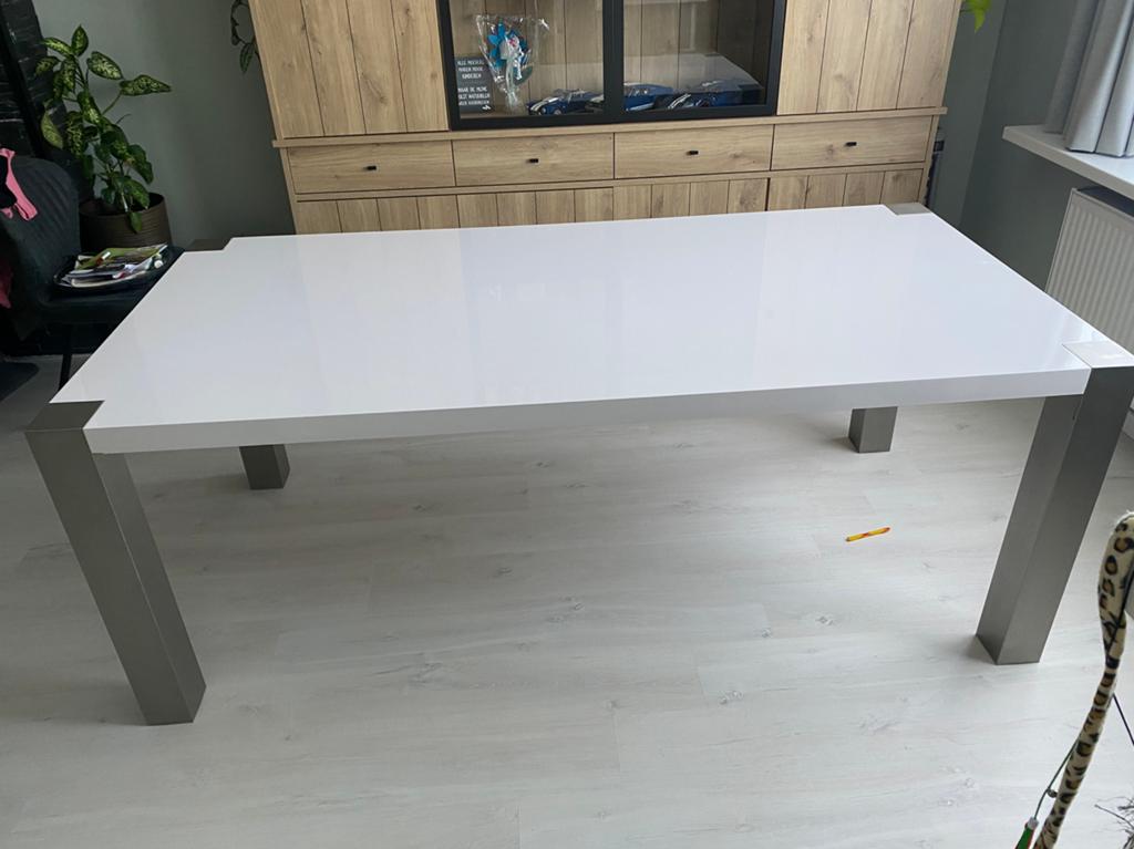 Eettafel hoogglans wit, Ophalen, Gebruikt, 100 tot 150 cm, Vijf personen of meer