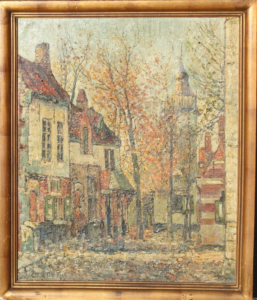 René Clarot (1882-1972): Stadszicht 1938? (57 x 67cm), Enlèvement ou Envoi, Daté, Peinture à l'huile