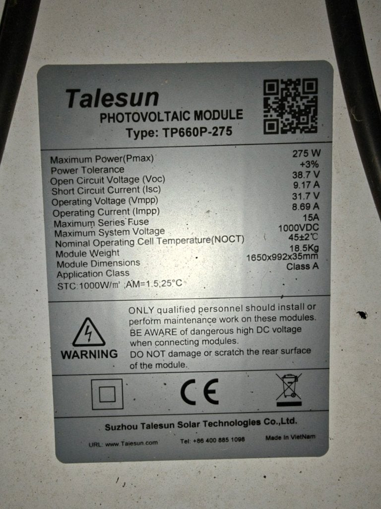 9 Zonnepanelen Talesun 275Wp - In zeer goede staat, Ophalen, Gebruikt, Paneel, 200 wattpiek of meer