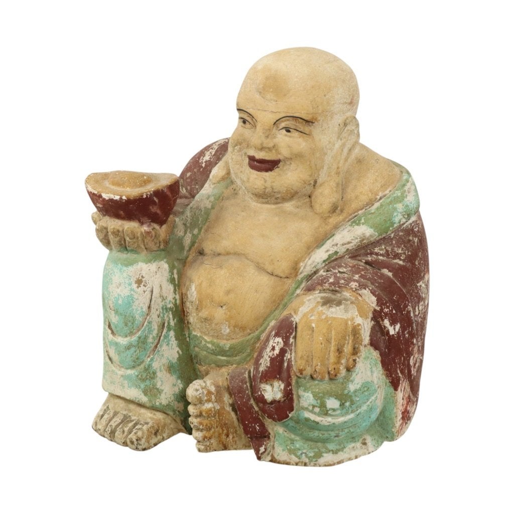 Grote Lachende Boeddha XL Houten Polychroom Beeld 47cm, Ophalen, 47 cm, Gebruikt, ,nvt