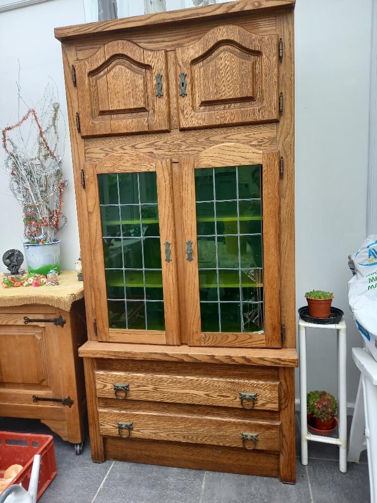 Oude vitrinekast met groen glas, Maison & Meubles, Armoires | Vitrines, Utilisé, 150 à 200 cm, 50 à 100 cm, Moins de 25 cm, Avec tiroir(s)