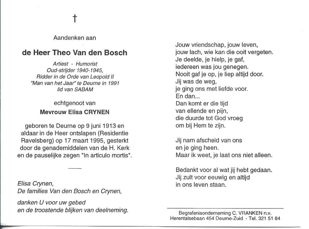 bidprentje van theo van den Bosch, Enlèvement ou Envoi, Image pieuse